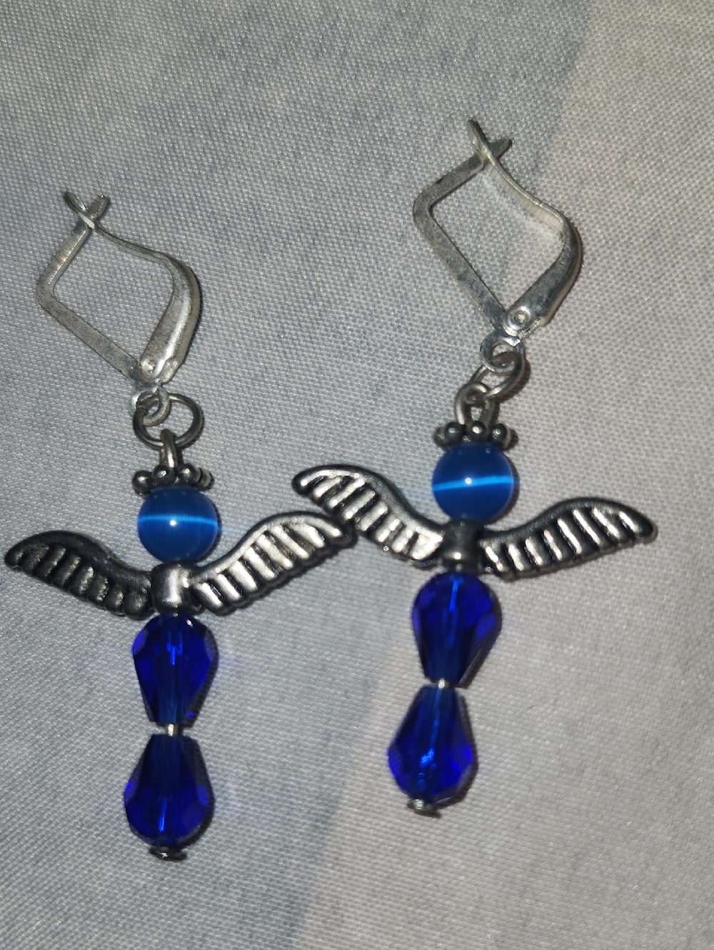 Blue Angel Wing Drop Earrings - Silver Tone